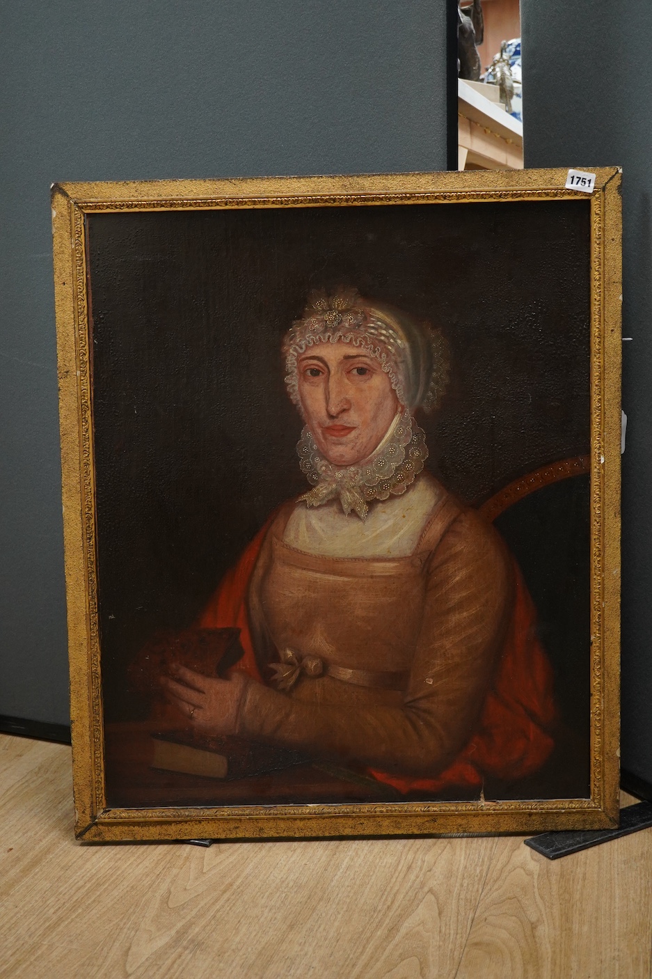 Regency School, oil on board, Portrait of a seated lady wearing a lace bonnet, unsigned, 70 x 57cm, gilt frame